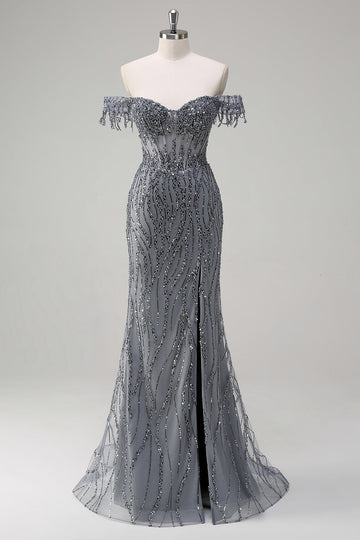 Sparkly Grey Blue Off the Shoulder Mermaid Long Prom Dress with Slit